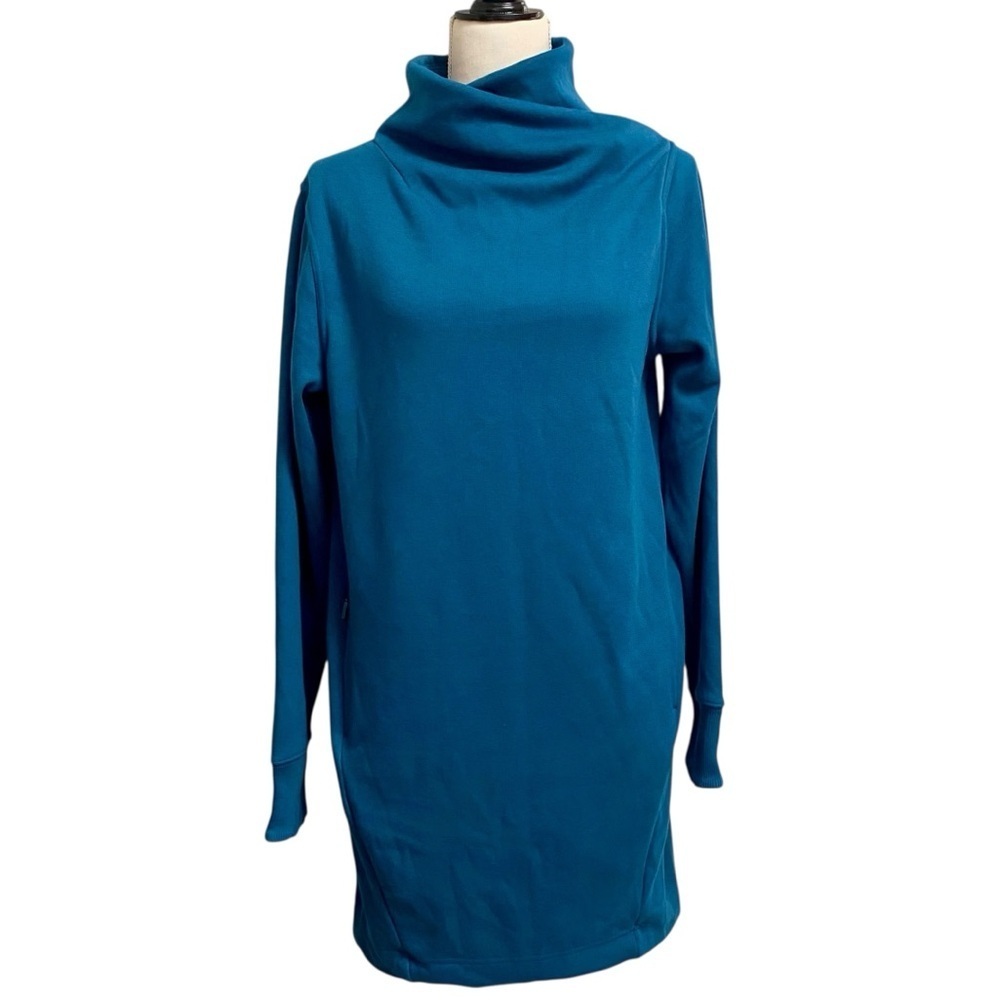 Athleta Cozy Karma Mock Neck Sweatshirt Dress Small Teal Pockets - Picture 2 of 16